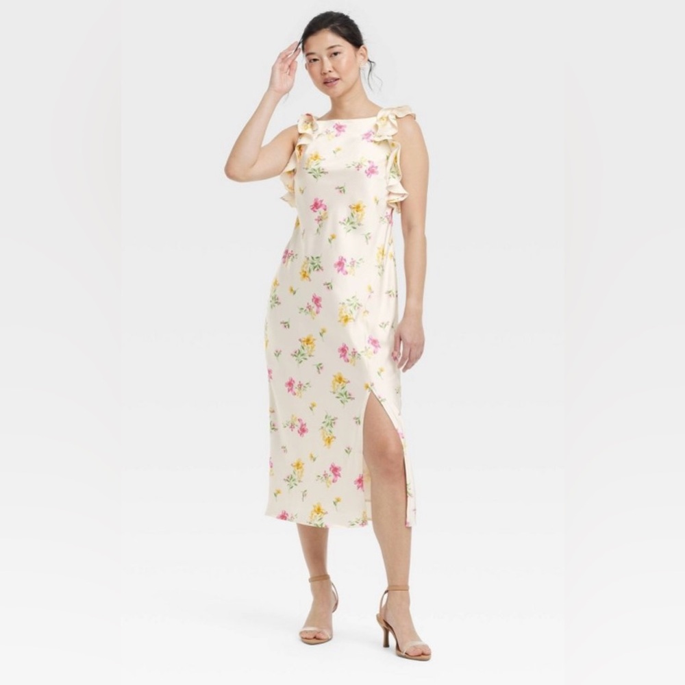 Women’s Ruffle Sleeve Satin Maxi Dress Cream Floral Large- Recycled Polyester.